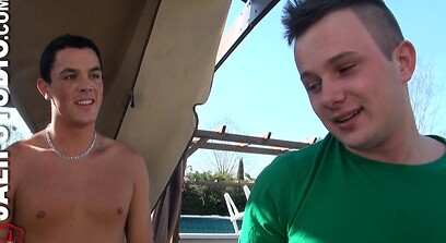 Twinks Greg Centuri & Theo Sartera engage in rough gay outdoor sex action