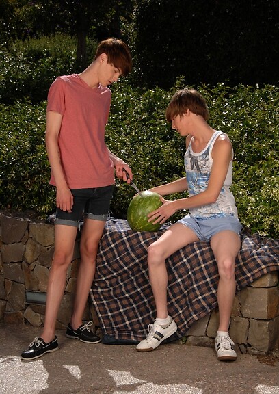 Sexy boys Elijah White & Cody Cachet play with a watermelon before having oral sex